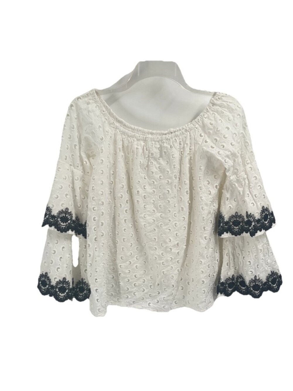 Bailey 44 White Eyelet Off-Shoulder Blouse with Black Lace Trim